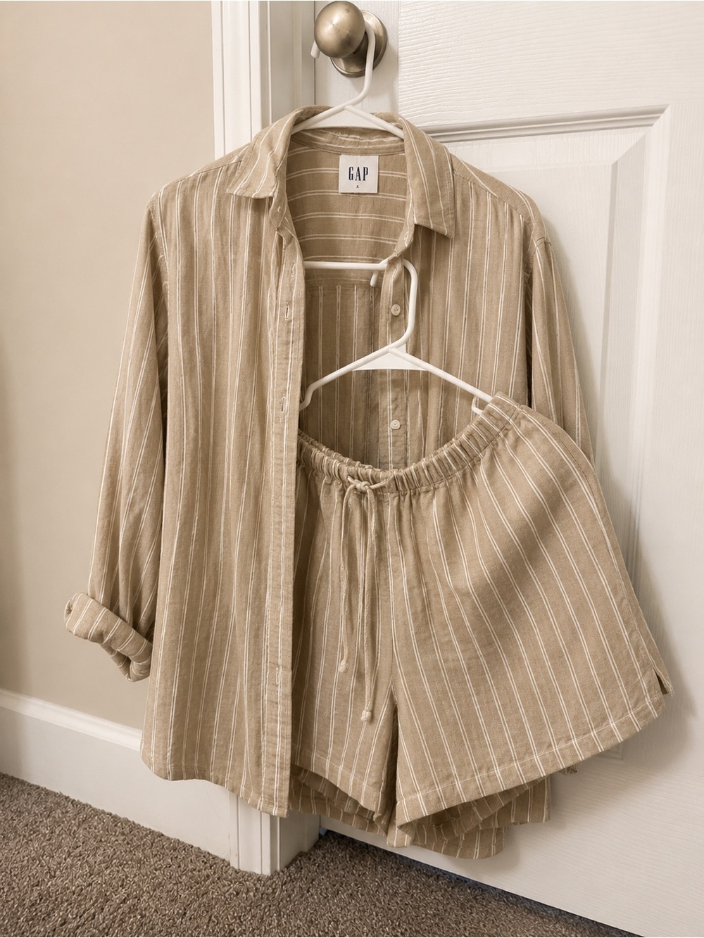 GAP Beige & White Striped Button-Up Shirt with Matching Shorts